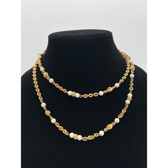 Monet 35" Gold-Tone Chain Necklace With White Beads & Textured Accents - Picture 4 of 5